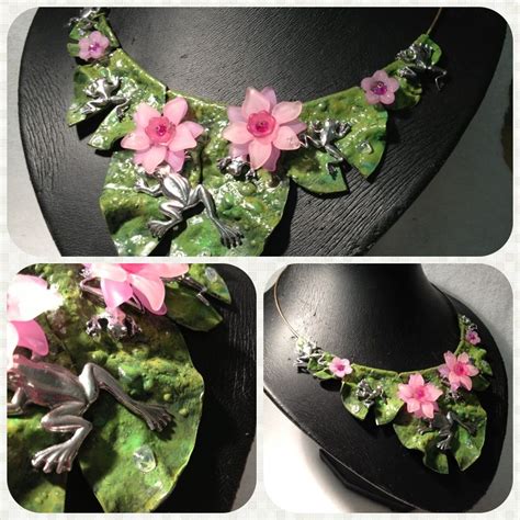 Unique Polymer Clay Necklace With Lucite Flowers And Pewter Frogs