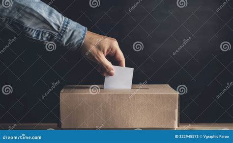 Hand Inserting A Ballot Into A Cardboard Ballot Box Side View Voting