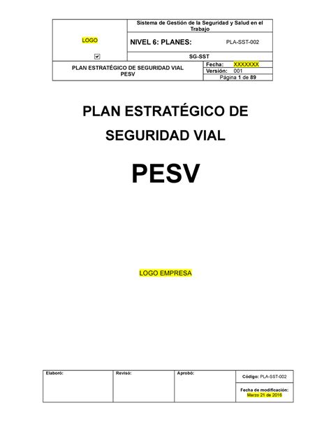 Plan Estrategico De Seguridad Vial PESV LOGO Trabajo NIVEL 6 PLANES