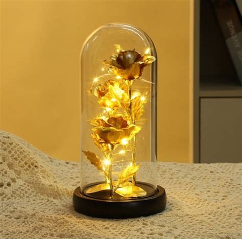 Luxe Roos In Glas Met Led Gouden Roos In Glazen Stolp Kerstcadeau