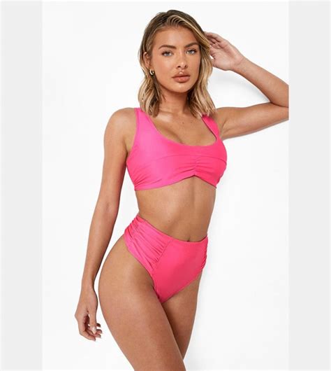 Buy Boohoo Neon Ruched High Waisted Thong Bikini Brief In Pink