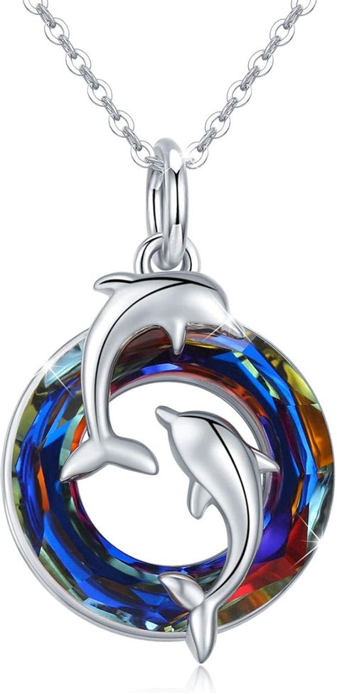 Dolphin Necklace 925 Sterling Silver Circle Crystal Dolphin Necklace