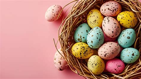 Premium Photo Colourful Easter Eggs In A Basket On The Pink