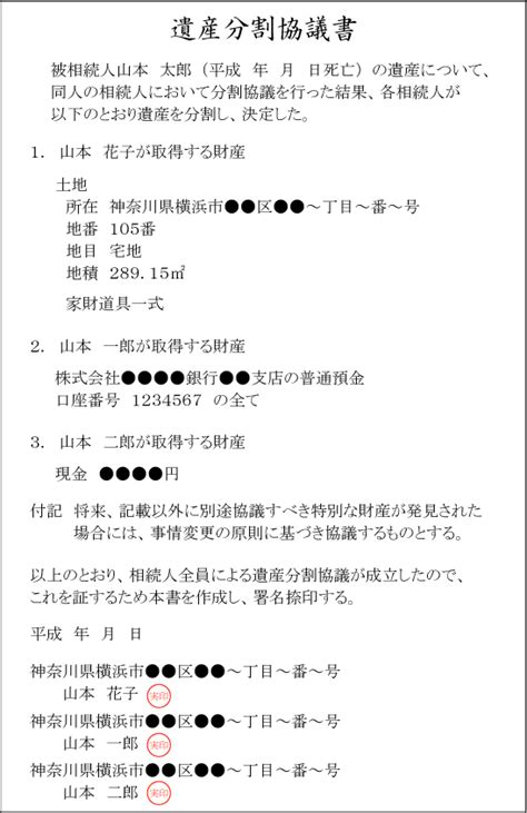 遺産分割協議書の書式・見本・書き方・サンプル・平塚市相続相談センター