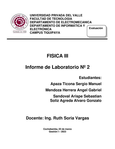 Informe Laboratorio 2 Lab Quimica UNIVERSIDAD PRIVADA DEL VALLE