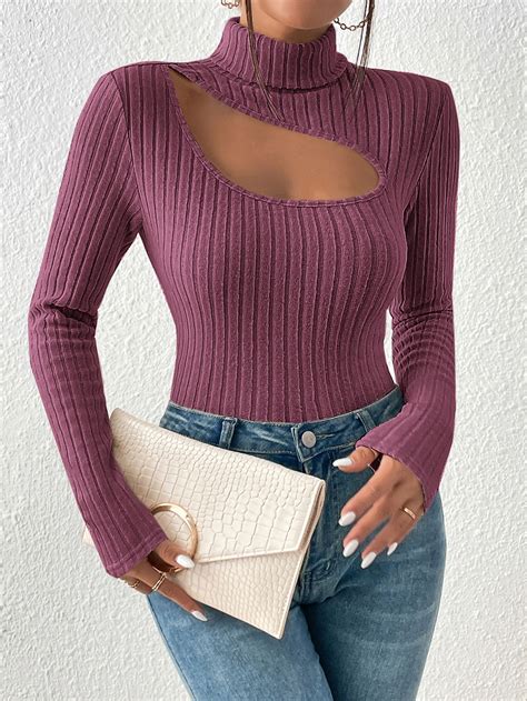 Shein Priv Concert Ribbed Knit Cut Out Front Turtle Neck Bodycon Tee