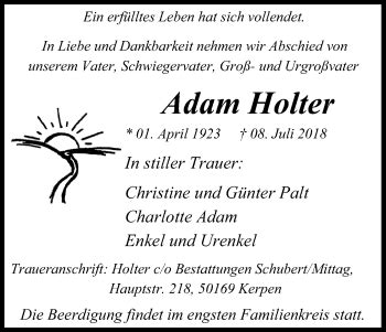 Traueranzeigen Von Adam Holter Wirtrauern