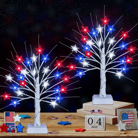 Amazon 2 Pack 4th Of July Artificial Tree Tabletop Decor Red Blue