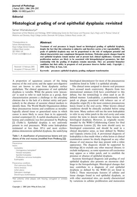 PDF Histological Grading Of Oral Epithelial Dysplasia Revisited