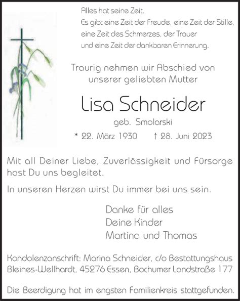 Traueranzeigen Von Lisa Schneider Trauer In NRW De