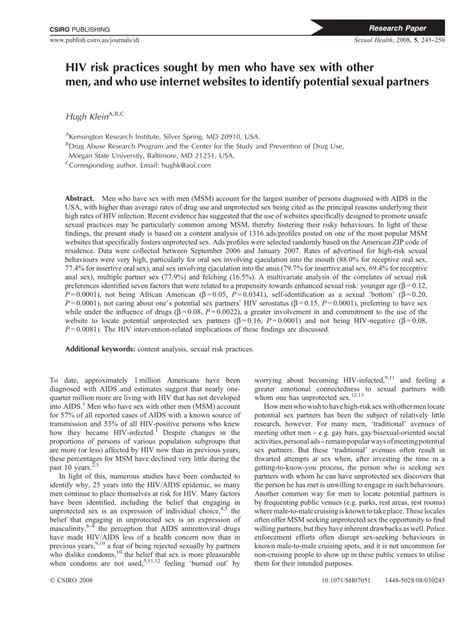 Pdf Hiv Risk Practices Sought By Men Who Have Sex With Other Men And Who Use Internet