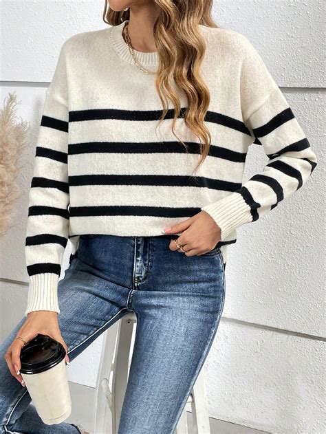 Shein Frenchy Striped Pattern Drop Shoulder Split Hem Sweater Shein Usa