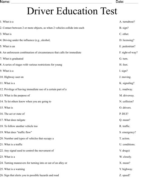 Driver Education Test Worksheet WordMint