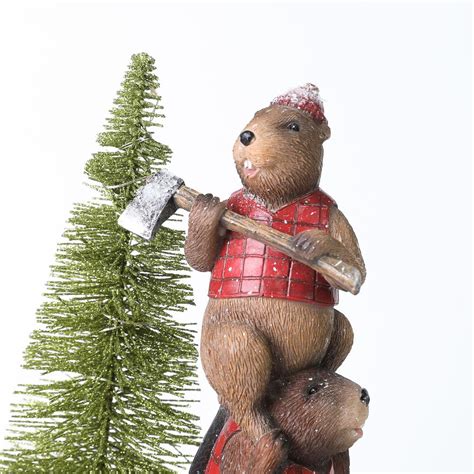 Stacking Beavers With Christmas Tree Statuary With Led Light