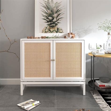 Tileon Natural Rattan Door Cabinet With Adjustable Inner Shelves