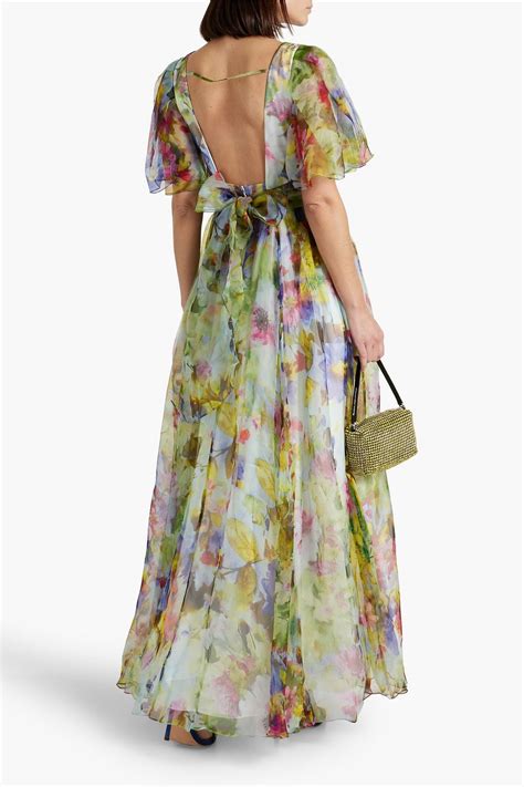 Badgley Mischka Wrap Effect Floral Print Silk Organza Maxi Dress The