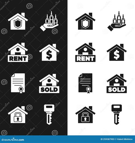 Set House with Dollar Symbol, Hanging Sign Rent, Shield, Skyscraper