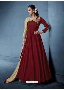 Buy Maroon Soft Tapeta Silk Heavy Embroidered Floor Length Suit