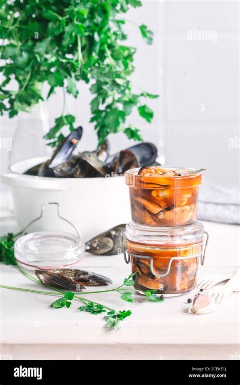 Mussels In Glass Jars Stock Photo Alamy