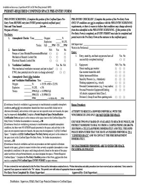 Permit Required Confined Space Pre Entry Checklist Fill Online