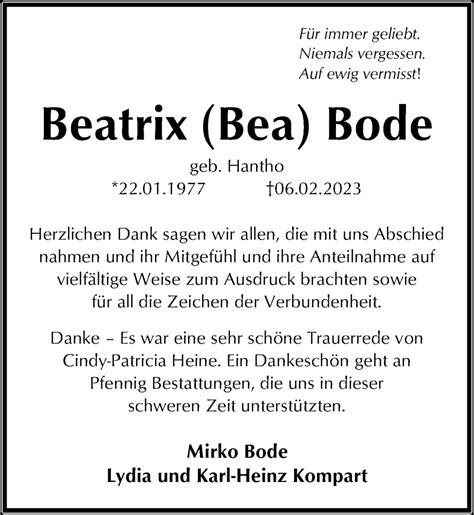 Traueranzeigen Von Beatrix Bode Trauer Anzeigen De