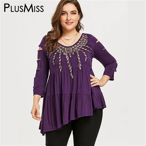 Plusmiss Plus Size Xl Embroidered Shredding Ripped Tunic Top Women