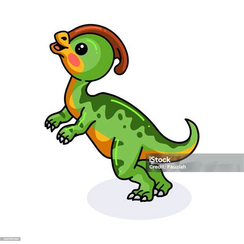 Kartun Dinosaurus Parasaurolophus Kecil Yang Lucu Berdiri Ilustrasi