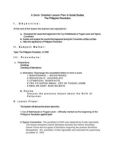 Semi Detailed Lesson Plan in Philippine Revolution of 1896 - A Semi- Detailed Lesson Plan In ...