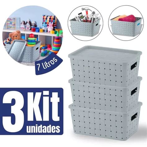 Kit de 3 prácticas cestas organizadoras con tapa 7 litros color Fendi