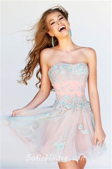 A Line Strapless Short Pink Tulle Lace Floral Sweet 16 Prom Dress