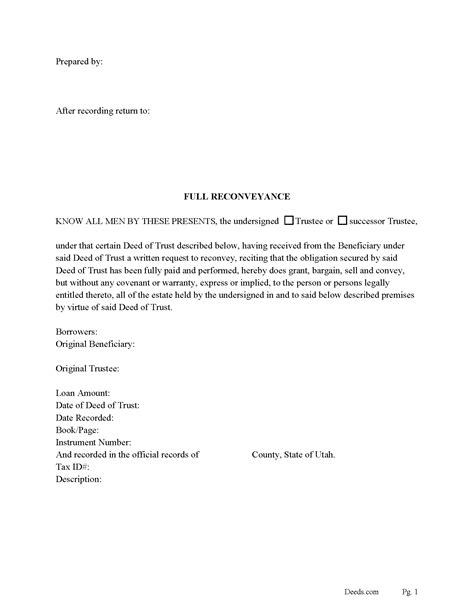 salt lake county full reconveyance  deed  trust form utah