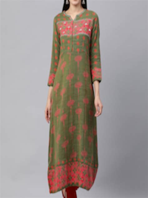 Buy Kalini Women Green And Pink Ethnic Motifs Printed Pure Cotton Kurta