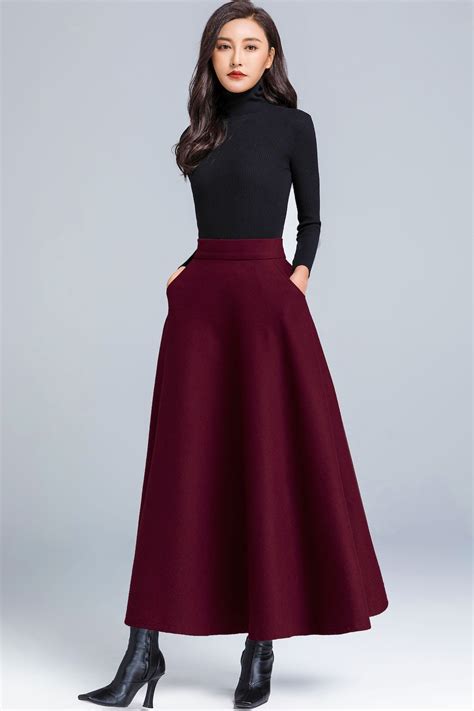 Burgundy A Line Wool Maxi Skirt High Waist Elastic Waist Etsy