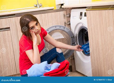 The Woman Doing Laundry At Home Stock Image Image Of Household