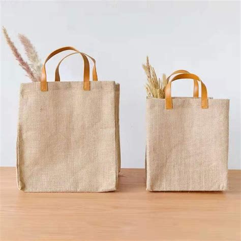 Wholesale Eco Hessian Jute Shopping Tote Bag Leather Handles Tote Beach