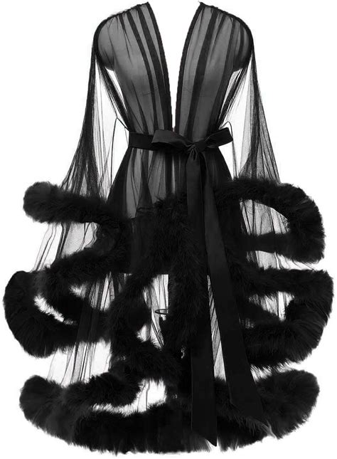 Yexinbridal Sheer Mesh Feather Fur Robe Sexy Tulle Lingerie Boudoir