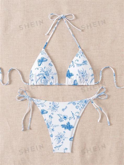 Women S Summer Beach Floral Printed Halter Neck Tie Bikini Set With