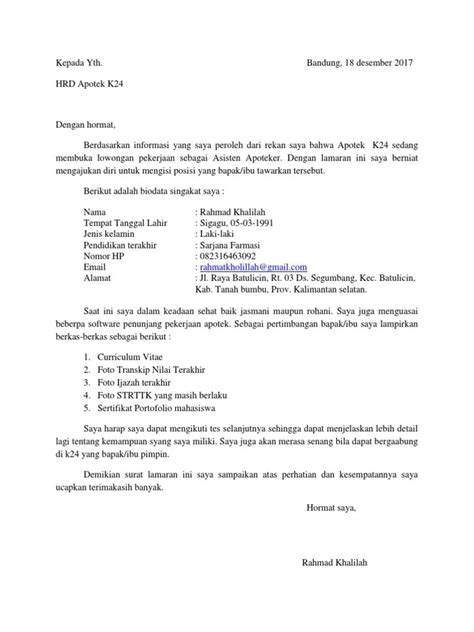 Contoh Surat Lamaran Kerja Di Apotek Yang Benar Contoh Surat Resmi