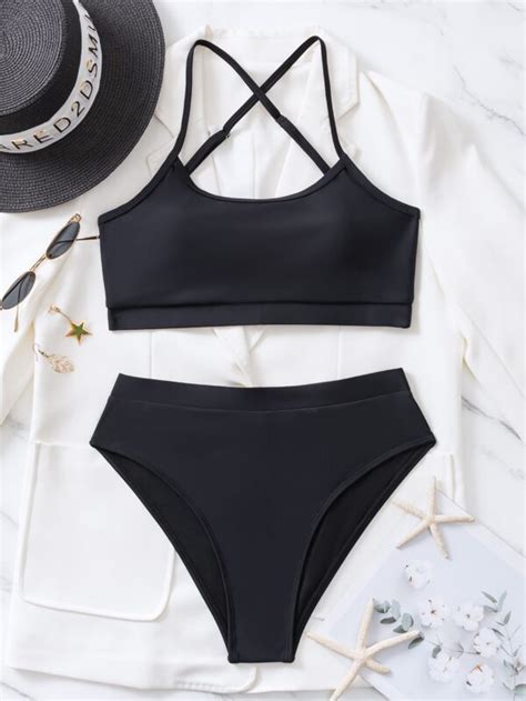 Shein Swim Basics Ba Ador Bikini Con Tira Cruzada De Talle Alto Moda