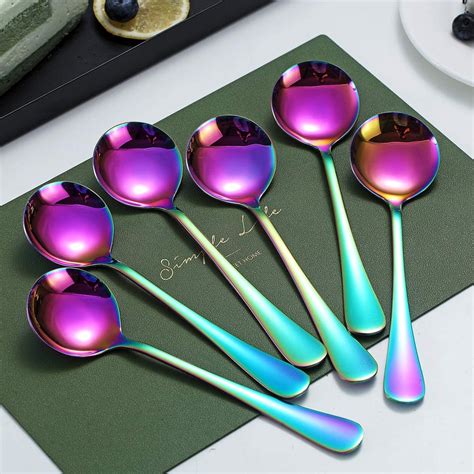 Reanea Mirror Polished Rainbow Soup Spoons 6 Pieces Stainless Steel Dinnerware Set