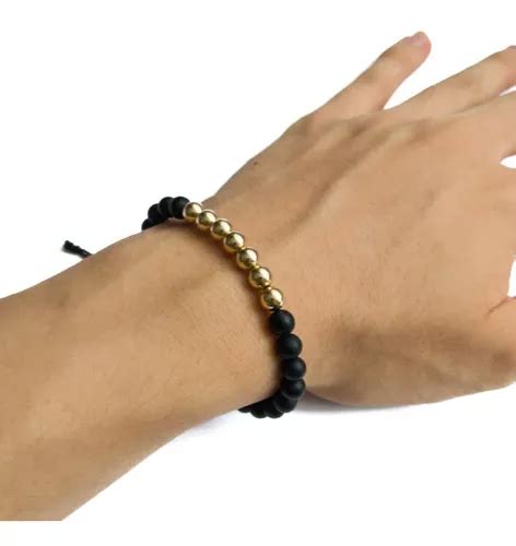 Pulsera Manilla Oro Laminado Piedra Natural Ónix Hombre