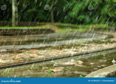 View Of Heavy Pouring Rain On Street Stock Image Image Of Downfall