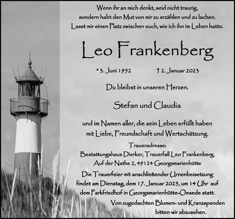 Traueranzeigen Von Leo Frankenberg Noz Trauerportal