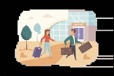 Best Man And Woman Travelers With Luggage Go In Airport Illustration