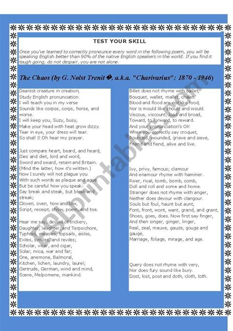 Pronunciation Practice Poem - ESL worksheet by anahutten