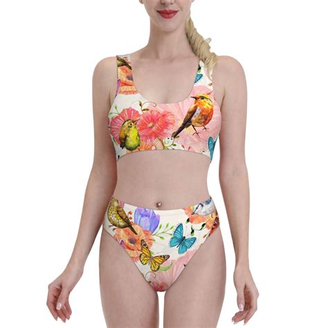 Haiem Flowers And Birds Watercolor Women S High Waisted Bikini Set Two