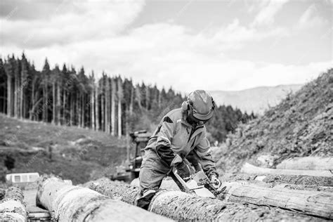 Premium Photo Hard Wood Working In Forest Lumberman Work Wirh Chainsaw In The Forest