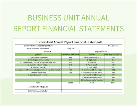 Business Unit Annual Report Financial Statements Excel Template And