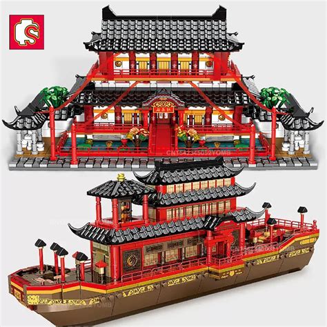 SEMBO Chinese Traditional Boat Attic Model Building Blocks City