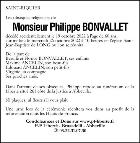 Avis De Décès De Philippe Bonvallet Pompes Funèbres Liberté Brusadelli